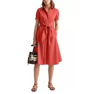 Ralph Lauren Fit & Flare Shirt Dress 12 Button Up Tie Waist Red Coral Preppy